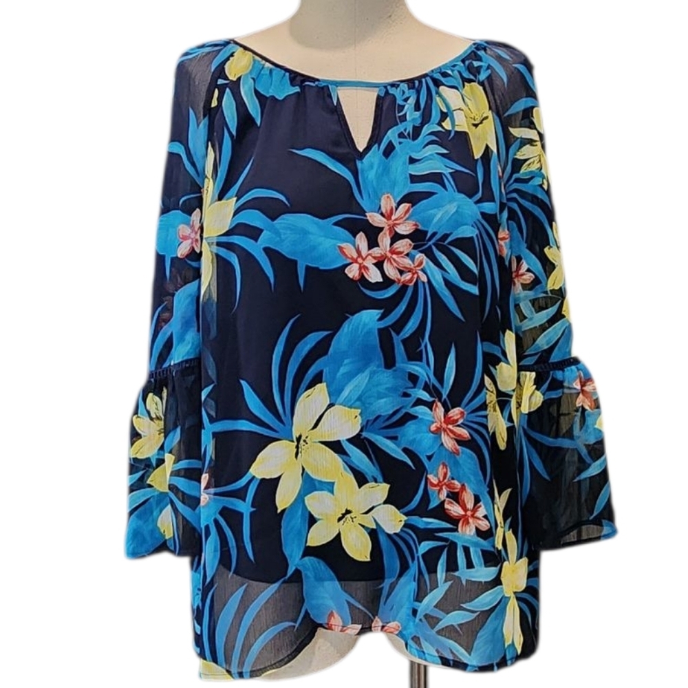 Alyx Blue and Yellow Floral Blouse with Bell Sleeves